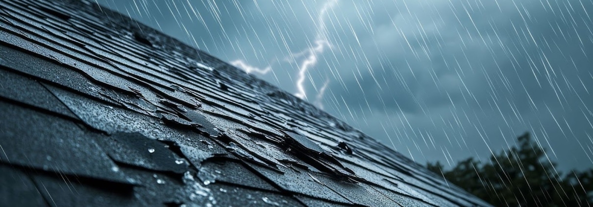 Storm damage to residential asphalt shingle roof during heavy spring rain and lightning in Louisville Kentucky