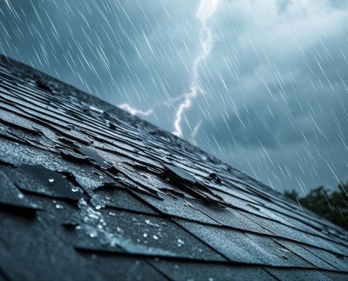 Storm damage to residential asphalt shingle roof during heavy spring rain and lightning in Louisville Kentucky