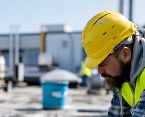 Roofing expert inspecting commercial roof.